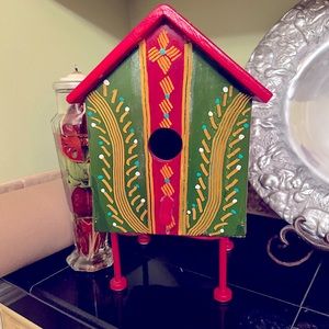 Birdhouse red green gold with red stand patio decor woodlands decor for indoor
